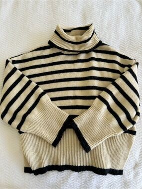Goodnight Macaroon Black and Cream Striped Turtleneck Sweater